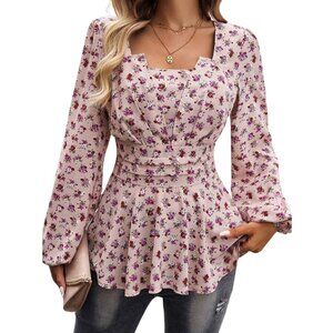 Pink Square Neck Puff Sleeve Floral Peplum Top Size S M L XL Flower Bouquets